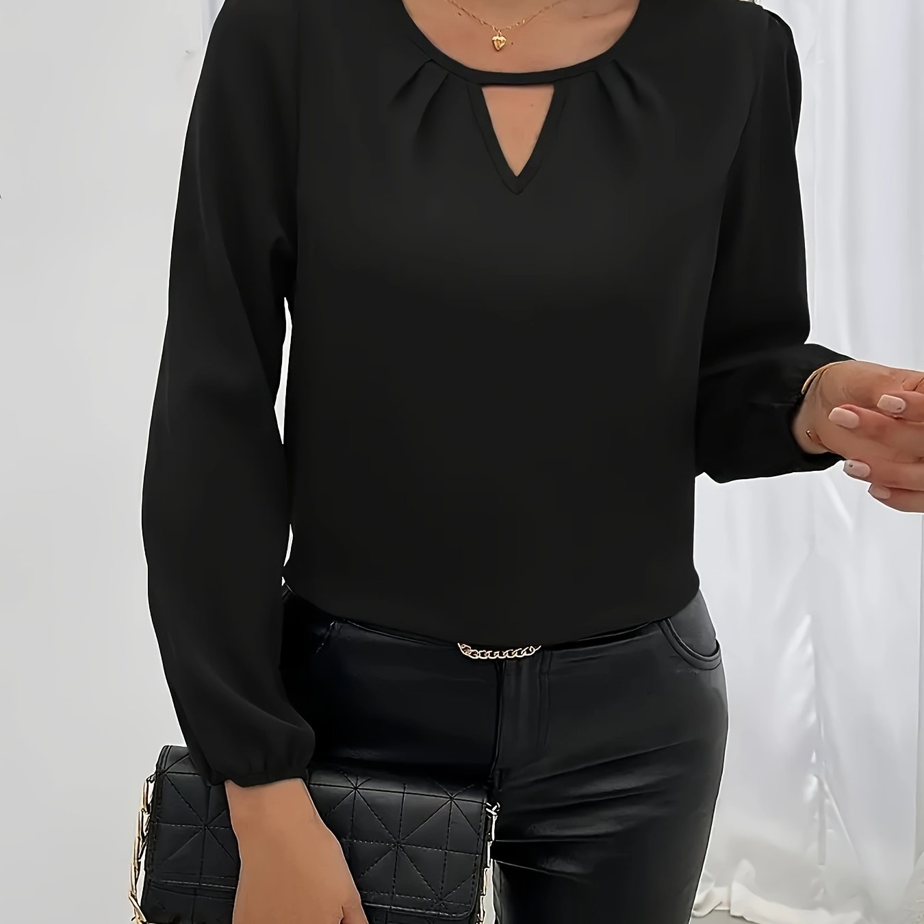 TEMU Elegancka damska bluzka w jednolitym kolorze z długim rękawem i dekoltem w serek, z falbankami na rękawach - Lekka tkanina, bez guzików, idealna