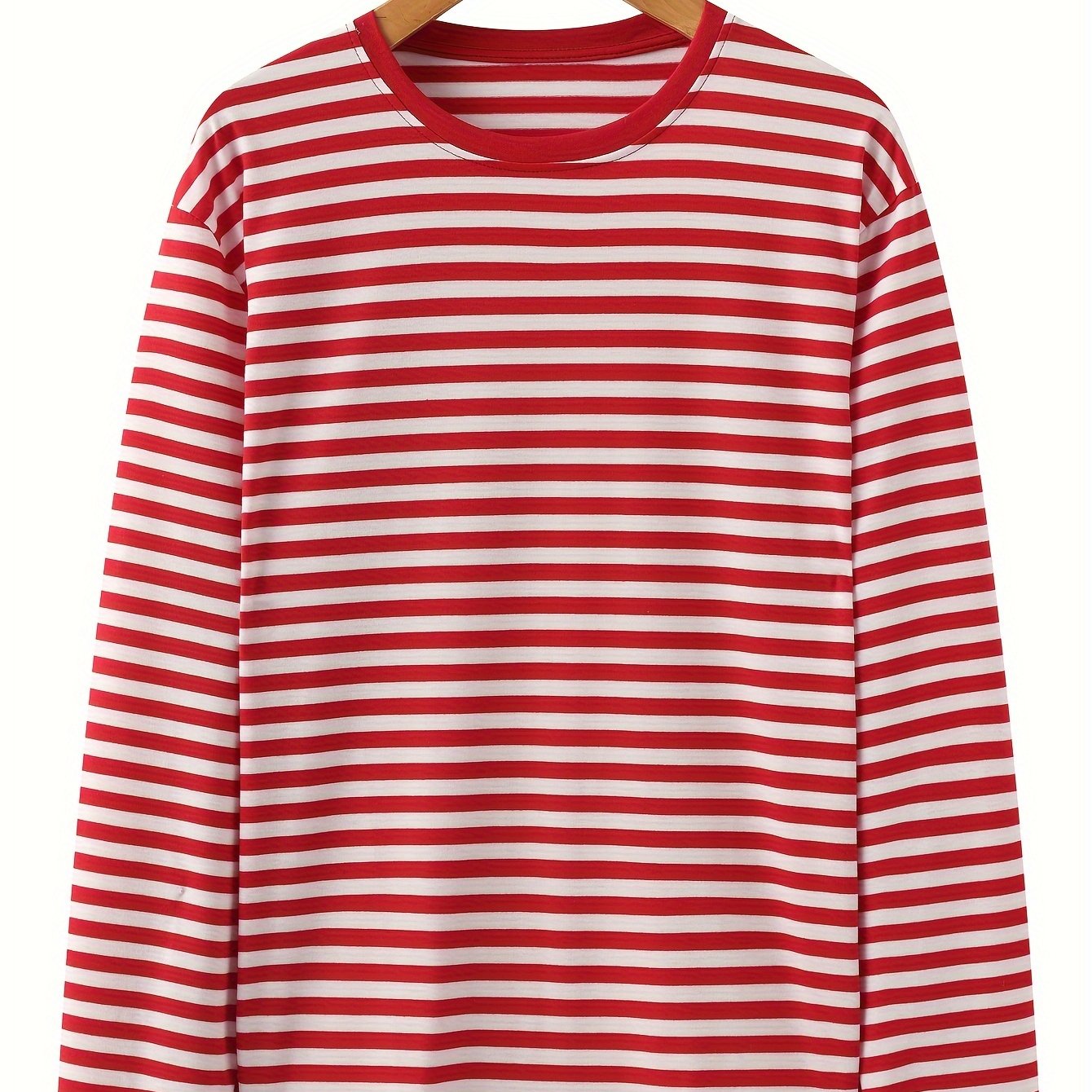 TEMU Koszulka Męska z Długim Rękawem Casual - Czerwono-Biała w Paski, Okrągły Dekolt, Średnio Elastyczny Materiał, Regularne Dopasowanie na