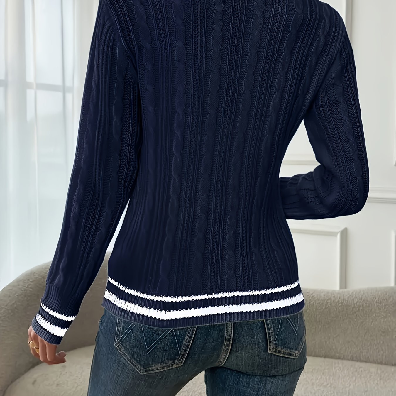 TEMU Elegancki sweter damski z dekoltem w serek - granatowy z kontrastowym wykończeniem, bluzka z długim rękawem na jesień/zimę, uniwersalny do