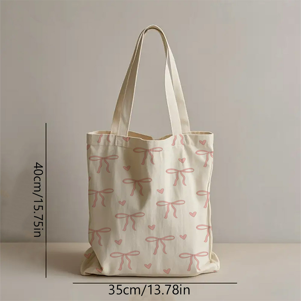 TEMU Urocza różowa torebka z nadrukiem kokardki, składana torba na ramię, odpowiednia na festiwale, podróże, codzienne dojazdy i zakupy, przenośna