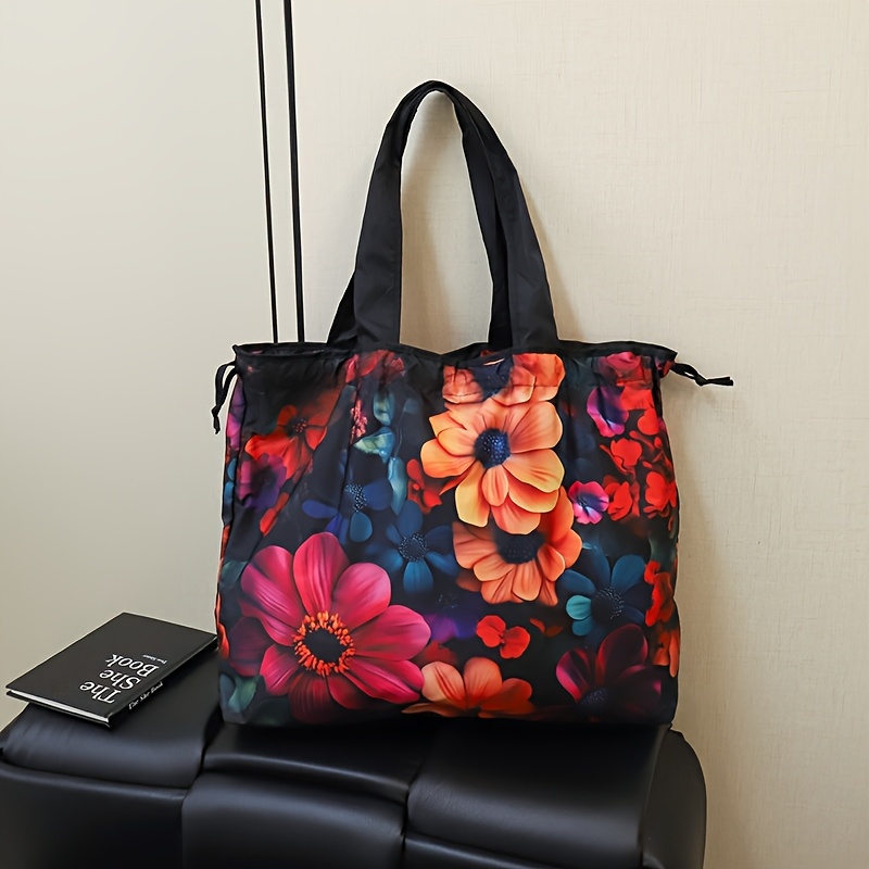 TEMU Torba na ramię z dużą pojemnością, lekka, składana, z kwiatowym nadrukiem, elegancka torba na ramię z tkaniny oksfordzkiej dla kobiet,
