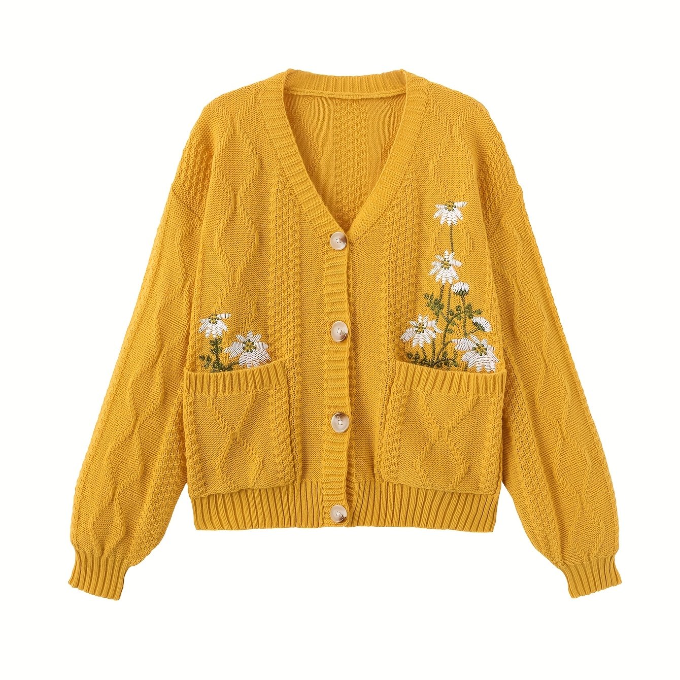 TEMU Kardigan Damski z Haftem Kwiatowym, Casualowy Z Kieszeniami i Guzikami na Przód – Sweter Jesienny z Długim Rękawem