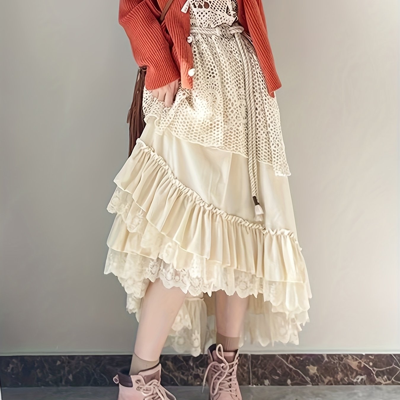 TEMU Sukienka A-Line z Koronkowym Wykończeniem dla Kobiet - Asymetryczny Doł, Rozkloszowana Sukienka o Średniej Długości z Warstwową Spódnicą,