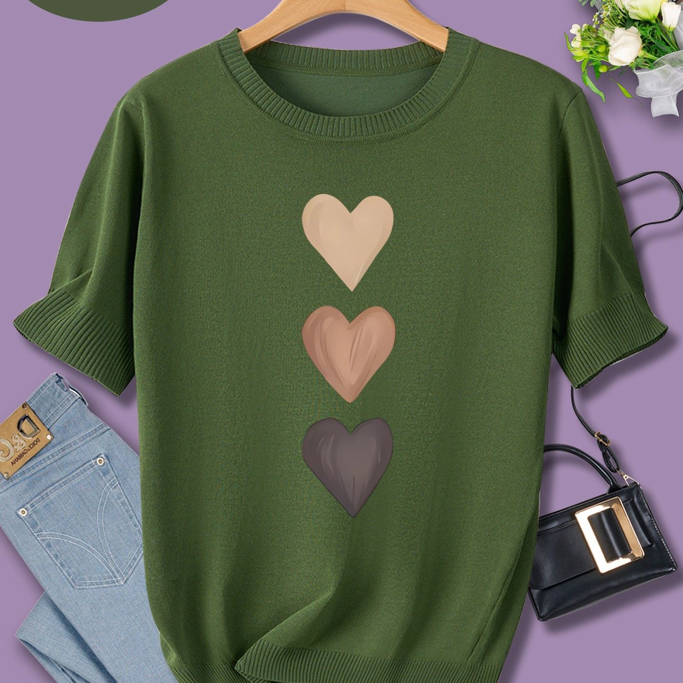 TEMU Damska codzienna bluzka z krótkim rękawem i okrągłym dekoltem, z wzorem , lekki poliester, idealna na wiosnę//jesień - wzór 