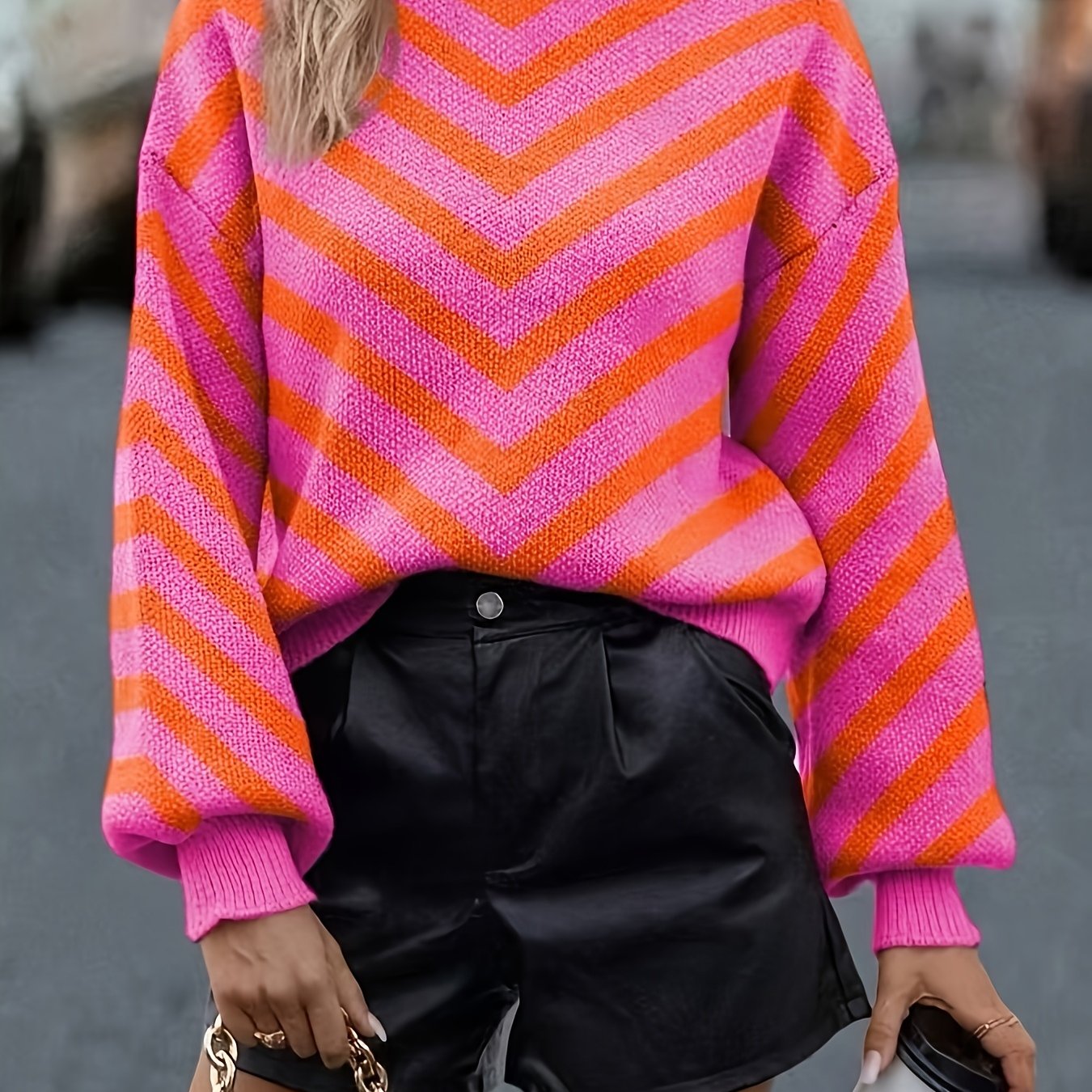 TEMU Damski sweter w paski z blokami kolorów - Długi rękaw, okrągły dekolt, codzienny sweter na jesień/zimę z kontrastowym wykończeniem,