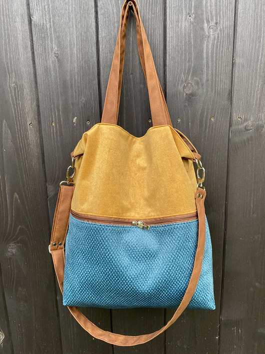 Duża torba na ramię z zapinaną kieszenią -musztarda, turkus, koniak