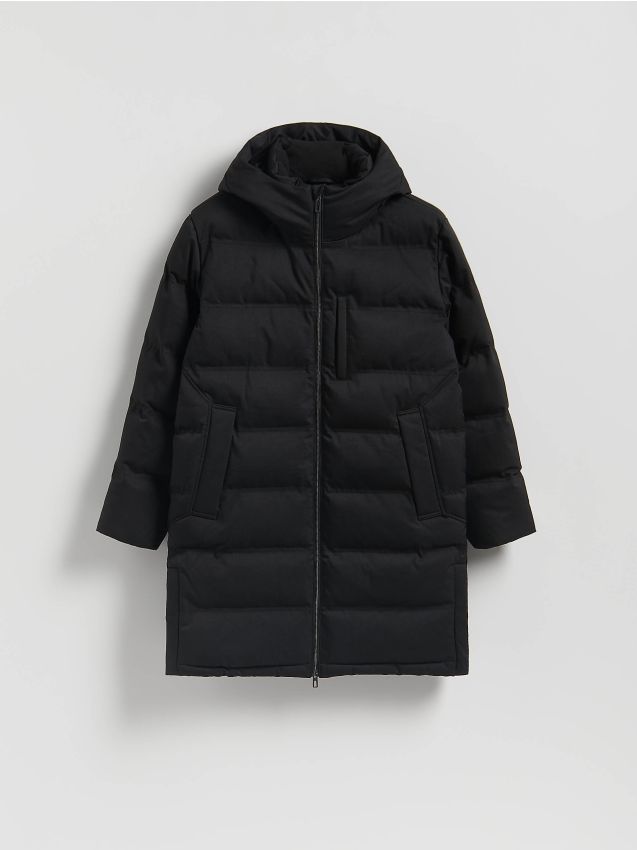Reserved - Pikowany płaszcz z kapturem - czarny