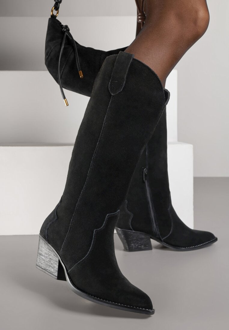 Czarne Zamszowe Kozaki Kowbojki na Stożkowym Obcasie Sevra