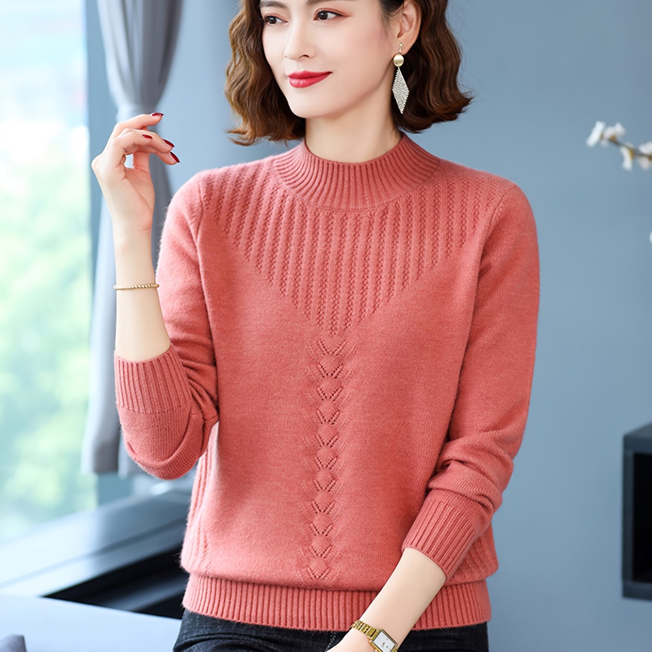 TEMU Sweter Damski z Długim Rękawem i Dopasowanym Krojem - Elegancki Sweter z Wysokim Dekoltem i Teksturą 3D, Jednolity Brązowy, Uniwersalny na