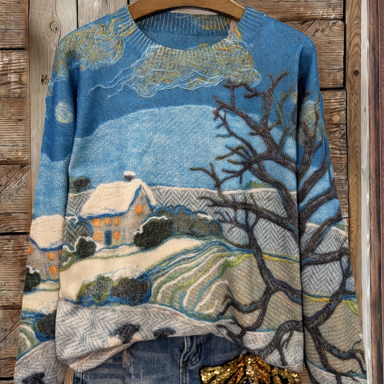 TEMU Damski Sweter z Długim Rękawem, Uniwersalny Dekolt Okrągły, Lekki, z Nadrukiem 3D na Całej Powierzchni, Modny, Ultra HD Wzór Zimowego Krajobrazu