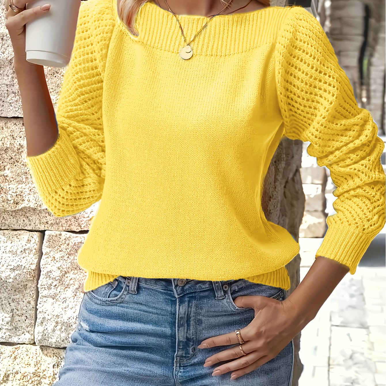 TEMU Elegancki Różowy Sweter z Długim Rękawem dla Kobiet - Okrągły Kołnierz, Całoroczny ze Wzorami na Przedramionach, Miękki i Trwały do Stylu Casual