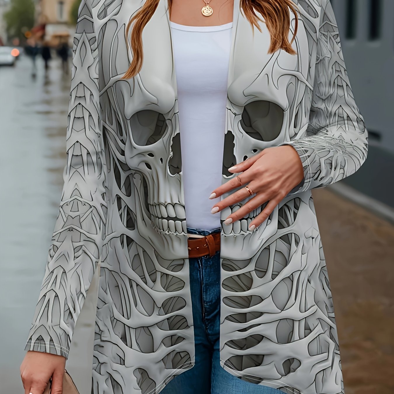 TEMU Kardigan Damski z Geometrycznym Wzorem i Długim Rękawem - Luźny Krój, Lekki i Oddychający na Wiosnę/Jesień, Uniwersalna Warstwa do Stylizacji,