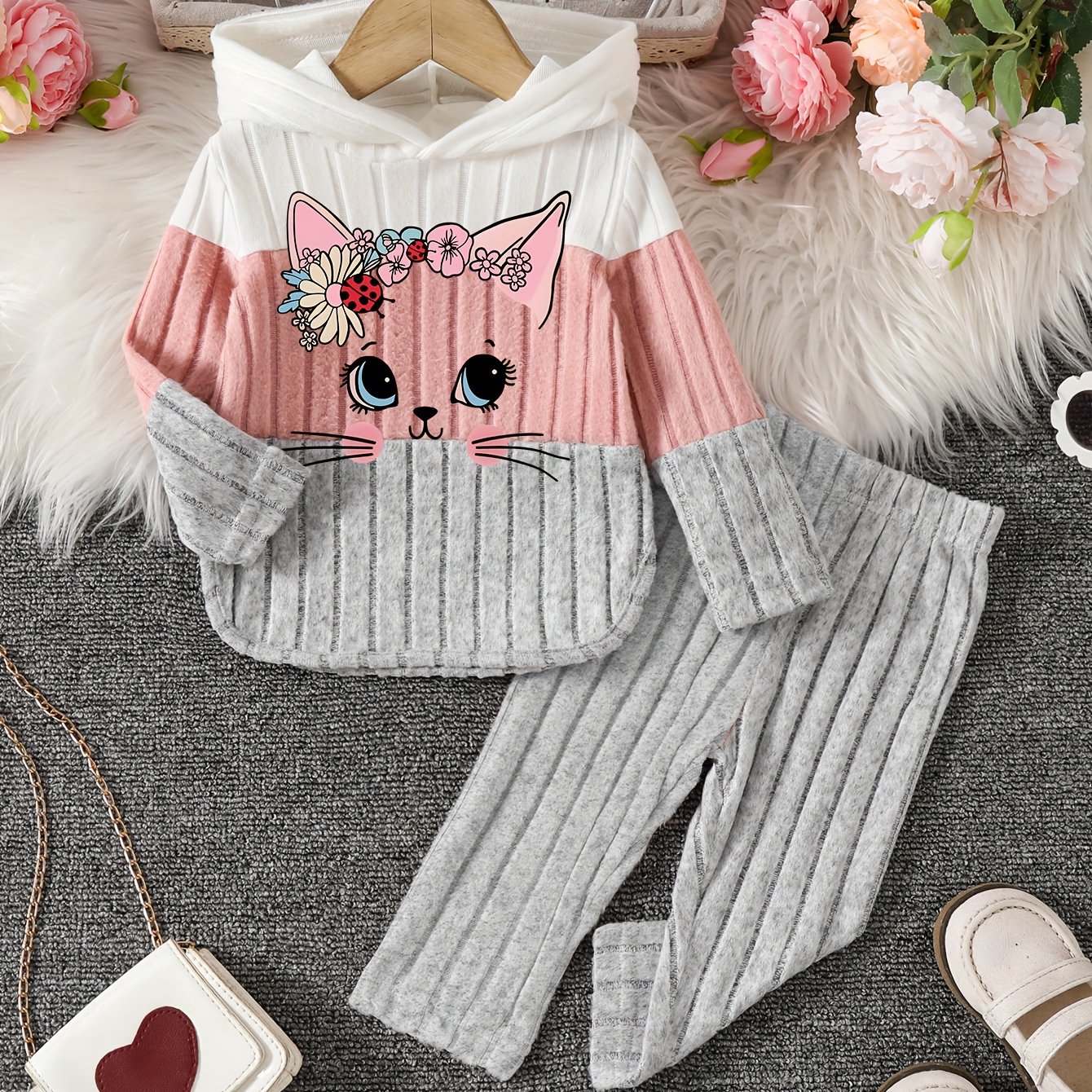 TEMU 2-częściowy zimowy ciepły zestaw dla dziewczynek: sweter z kapturem i spodnie - miękki pastelowy róż i kolorowy z aplikacjami w kształcie i