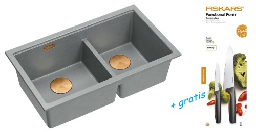 Quadron Unique Zlewozmywak granitowy dwukomorowy podwieszany 76*45*23,5 cm LOGAN 120 SILVER STONE z syfonem save space w kolorze miedzianym + zestaw noży FISKARS