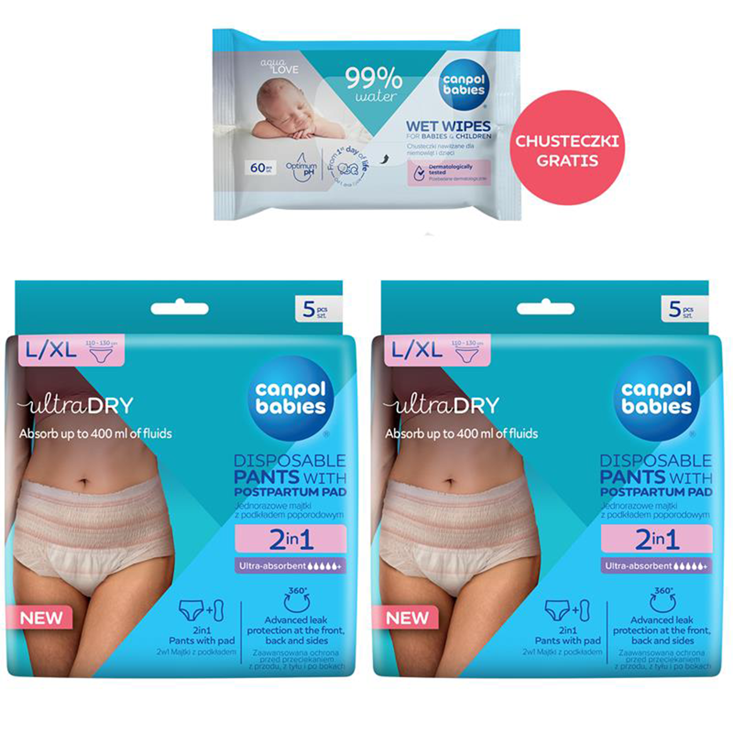 Zestaw Canpol Babies, oddychające majtki poporodowe 2w1, z podkładem, jednorazowe, rozmiar L/XL, 2 x 5 sztuk + chusteczki nawilżane, 60 sztuk gratis
