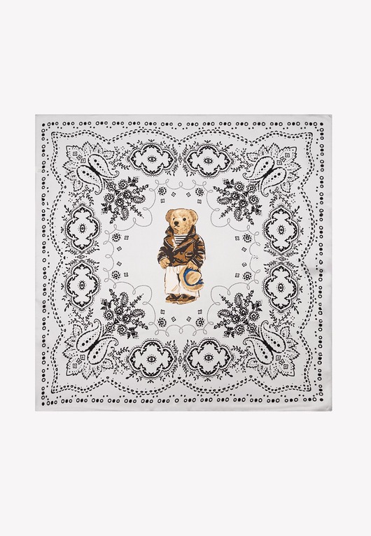 Mała apaszka damska jedwabna biała z misiem 53 cm x 53 cm