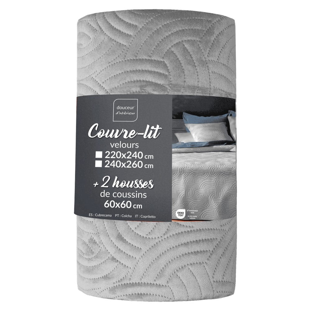 Szary aksamitny zestaw narzuty na łóżko i poszewki na poduszkę 240x260 cm Solange – douceur d'intérieur