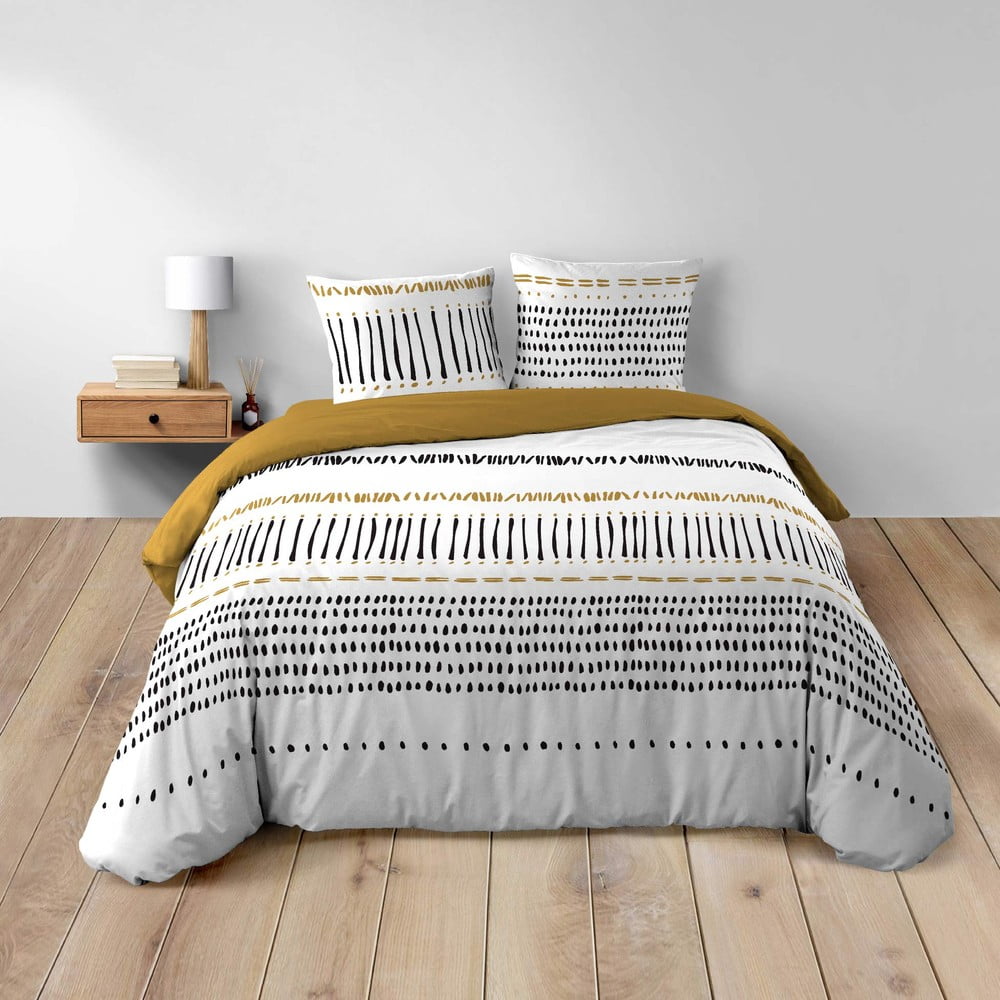 Musztardowo-biała bawełniana pościel dwuosobowa 240x220 cm Chicago – douceur d'intérieur