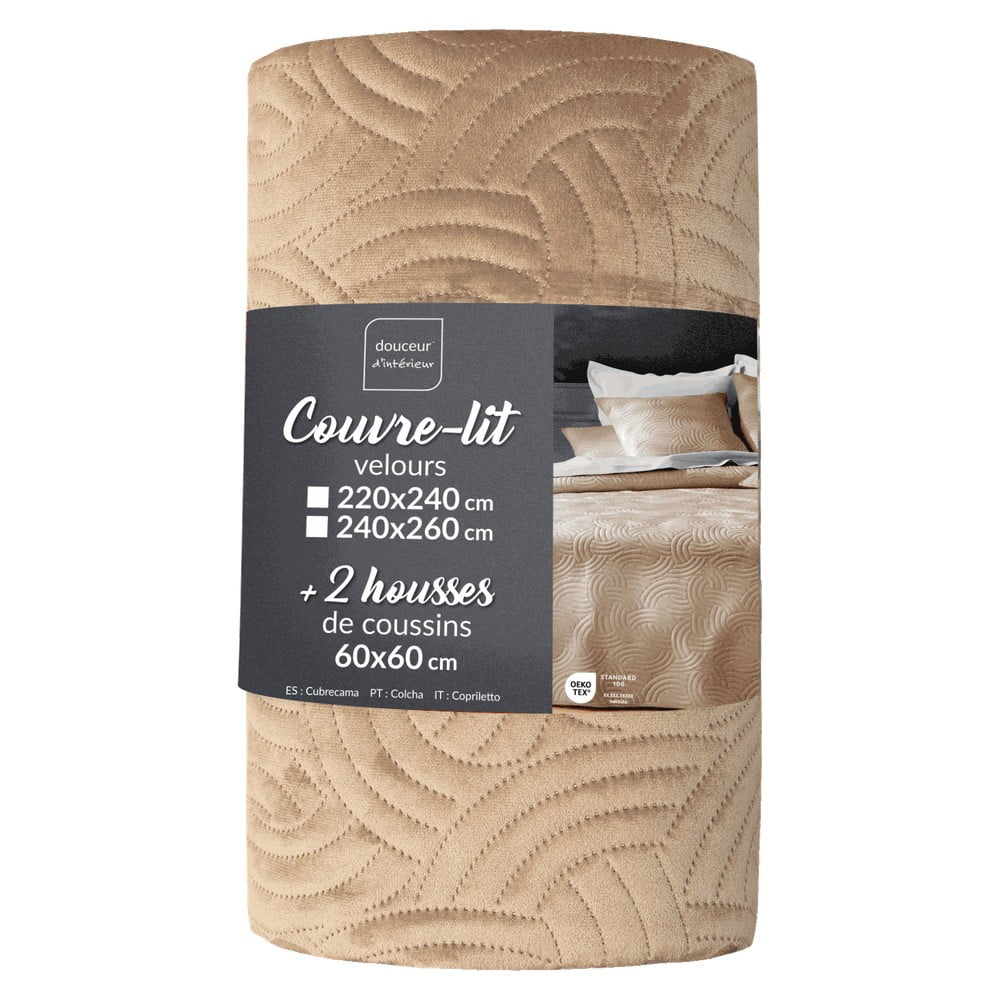 Jasnobrązowy aksamitny zestaw narzuty na łóżko i poszewki na poduszkę 240x260 cm Solange – douceur d'intérieur