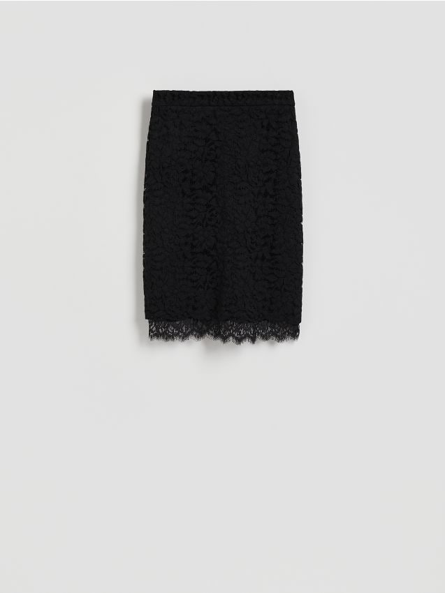 Reserved - Strukturalna spódnica midi z koronką - czarny