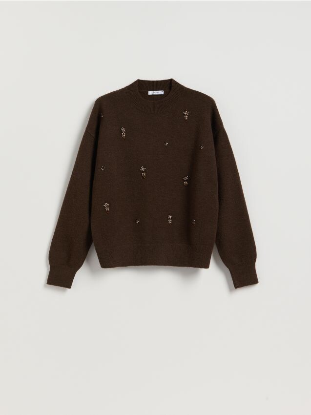 Reserved - Sweter z ozdobnymi aplikacjami - ciemnobrązowy