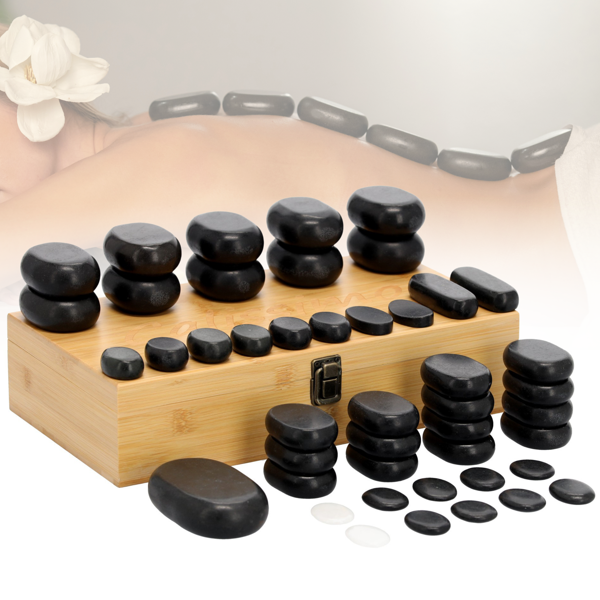 Zestaw 45 kamieni do masażu spa bazalt i biały jadeit w skrzynce bambusowej