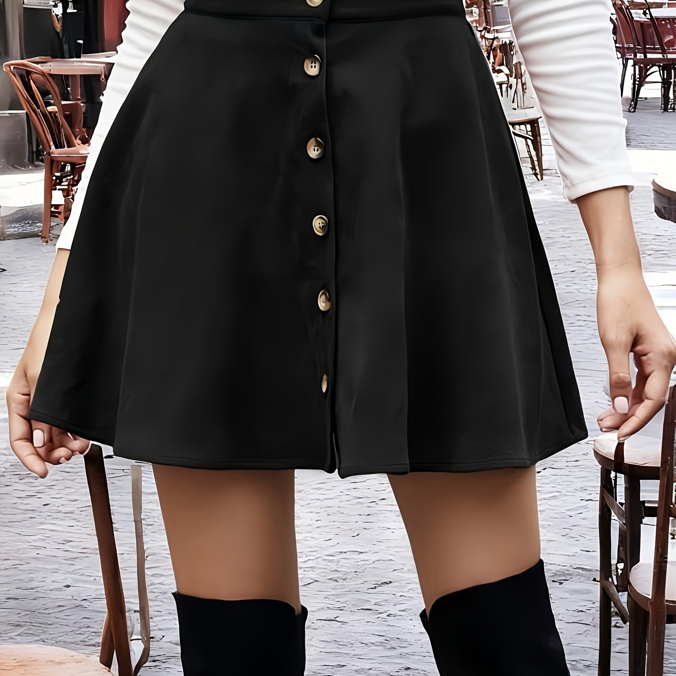 TEMU Elegancka spódnica damska z sztruksu z detalami guzików - z wysokim stanem, zwiewny fason A, idealna na okazje codzienne i formalne, strój