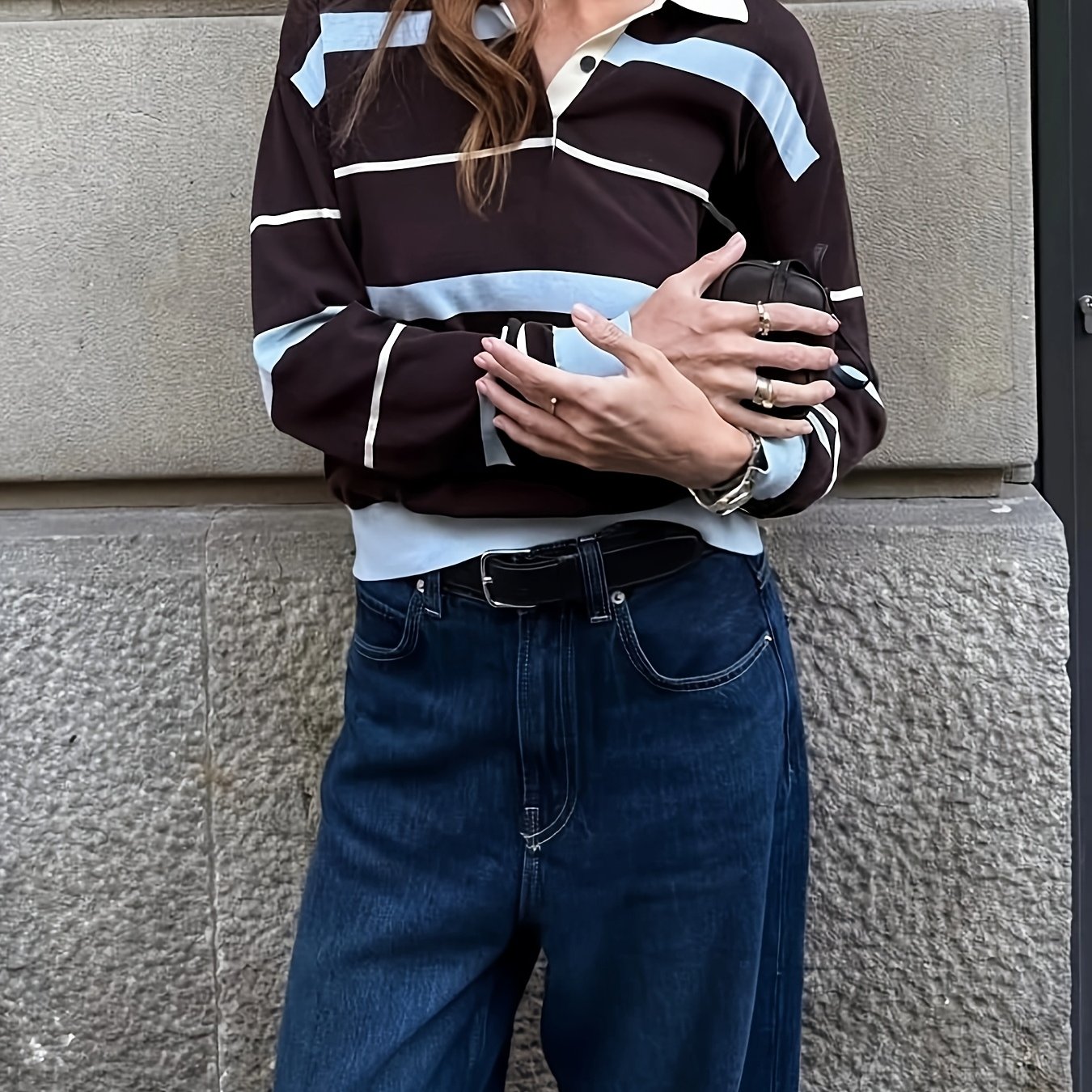 TEMU Damski sweter w stylu vintage w paski - bluzka z długim rękawem, brązowe i poziome paski, okrągły dekolt, idealny na wiosnę/jesień, odzież