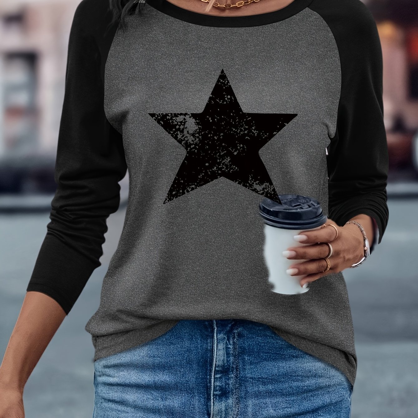 TEMU T-shirt z długim rękawem typu raglan z nadrukiem gwiazd w geometryczny wzór