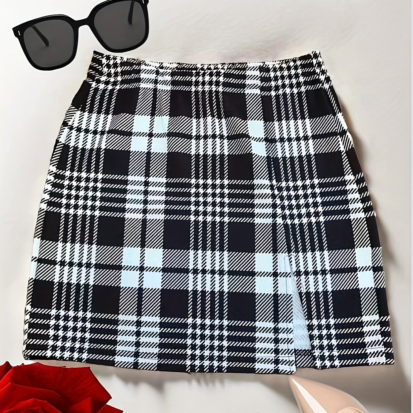 TEMU Elegancka Krótka Spódnica w Kratę dla Kobiet - Wysoki Stan, Rozcięcie, Możliwość Prania w Pralce - Idealna na Wiosnę/Jesień
