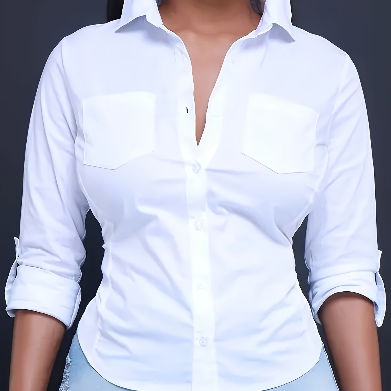 TEMU Koszula Damska w Jasnoróżowym Kolorze z Guzikami i Kieszeniami - Elegancka Koszulka z Kołnierzykiem, Długie Rękawy, Styl Casual, Idealna na