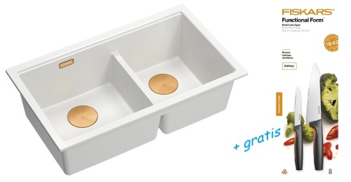 Quadron Unique Zlewozmywak granitowy dwukomorowy podwieszany 76*45*23,5 cm LOGAN 120 SNOW WHITE z syfonem save space w kolorze miedzianym + zestaw noży FISKARS