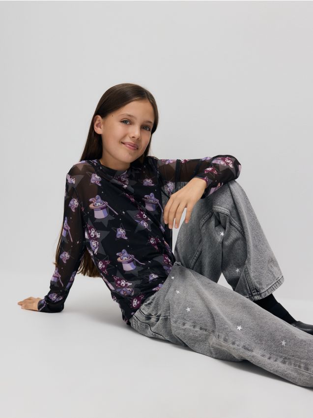 Reserved - Jeansy wide leg z nadrukiem - jasnoszary