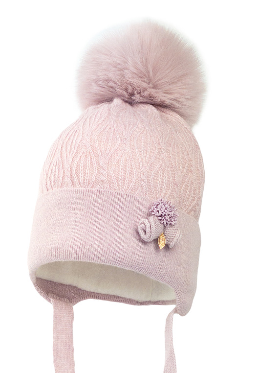 Dziewczęca czapka na zimę KAMILA z pomponem pudrowy róż