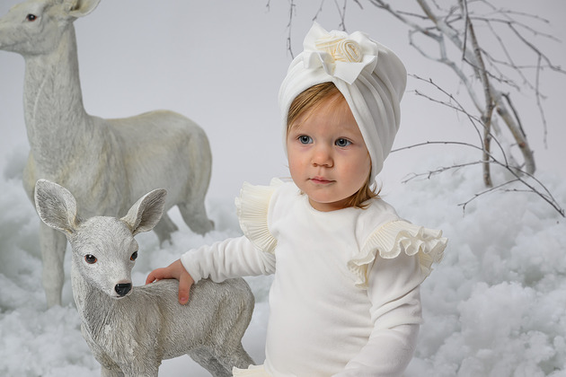 Welurowy turban ZITA dla dziewczynki na zimę ekri