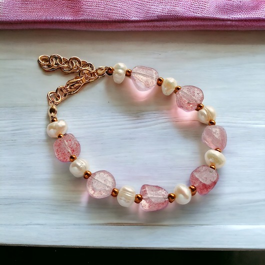 Kwarc truskawkowy & PERŁY. bransoletka