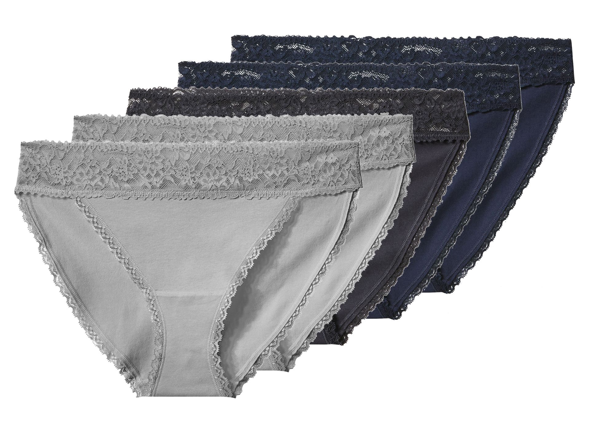 esmara® Majtki slipy damskie z bawełną, 5 par (granatowy / ciemnoszary / jasnoszary, XL (48-50))