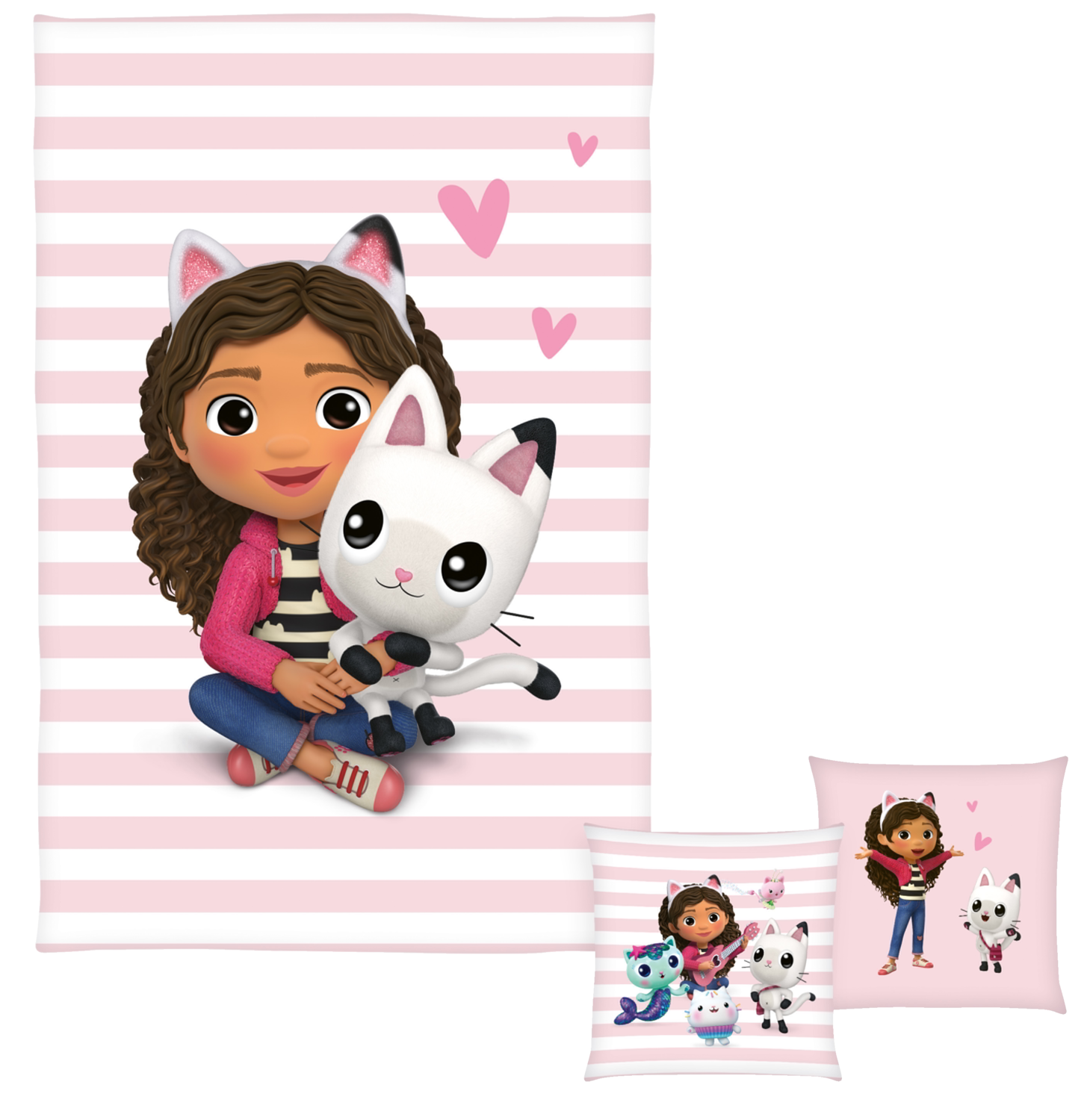 Gabby´s Dollhouse Koc dziecięcy z poduszką z kolekcji Koci Domek Gabi Paski/różowy/biały