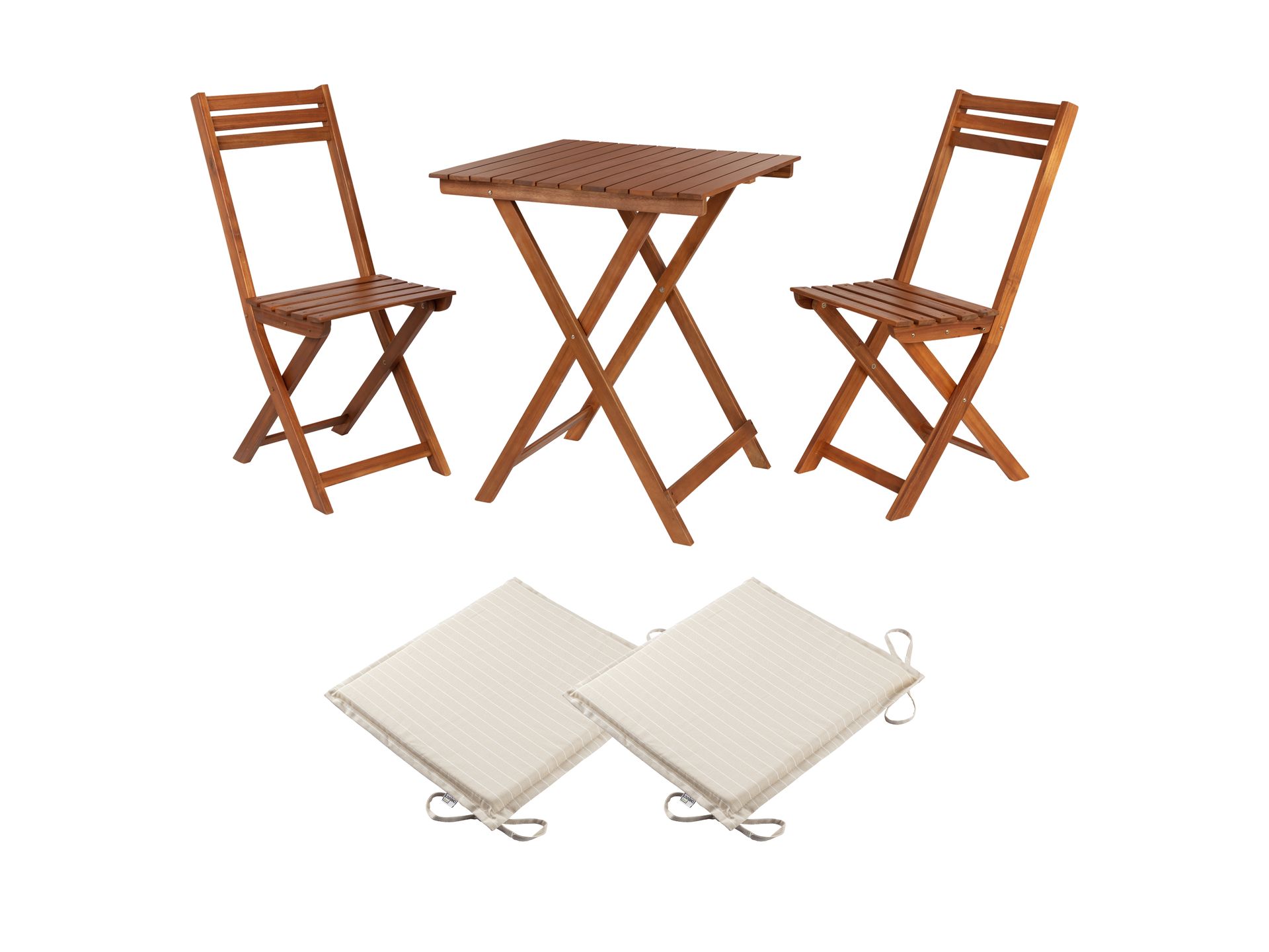 LIVARNO home Zestaw mebli balkonowych Sevilla z drewna akacjowego, stolik i 2 krzesła z 2 poduszkami na siedzisko