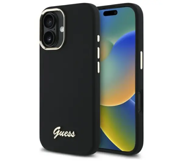 Guess Silicone Script Metal Logo & Frame do iPhone 16 Plus Czarny