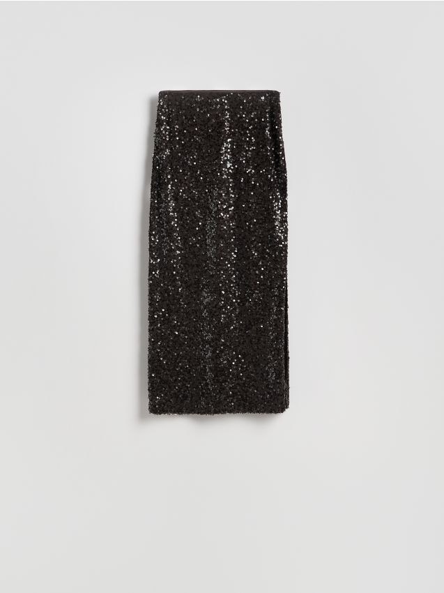 Reserved - Cekinowa spódnica midi - ciemnobrązowy