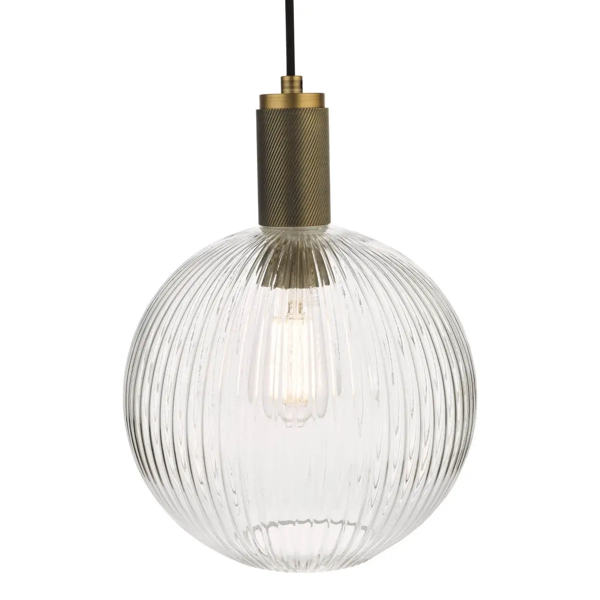 Okrągła zwisająca lampa Nikolas NIK0140-E02 żebrowana szklana mosiądz