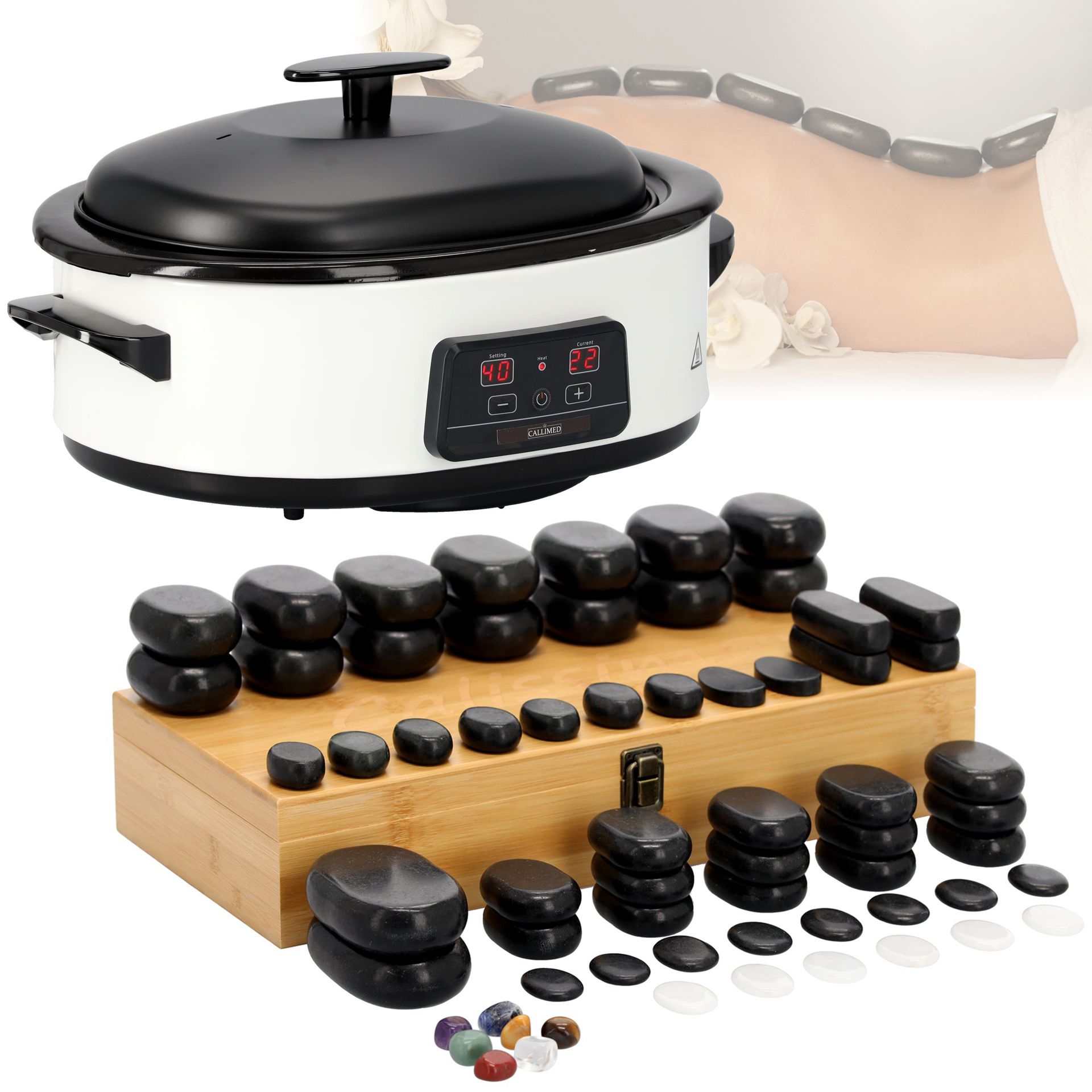 Zestaw podgrzewacz kamieni 18L 1450W regulacja i 36 kamieni do masażu spa bazalt + walizka