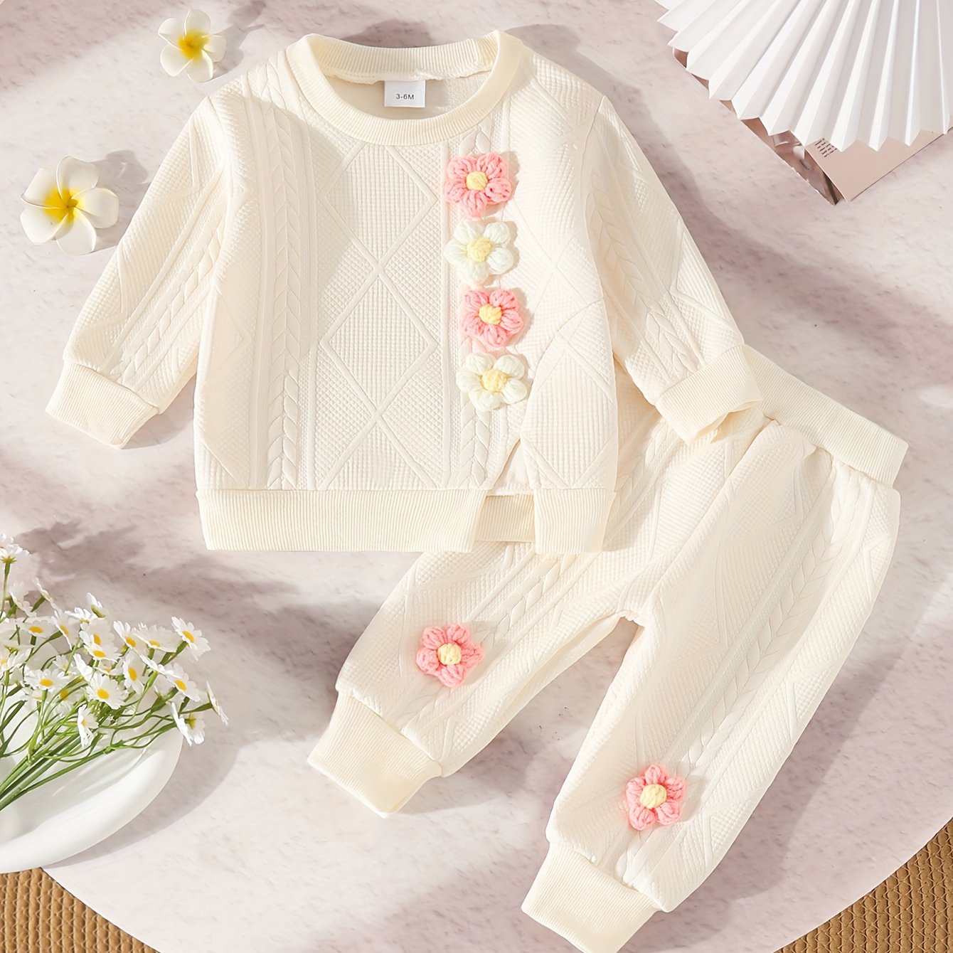 TEMU Kombinezon dla Dziewczynek z DﾅＶgim Rﾄ冖awem i Kwiatowym Nadrukiem - Miﾄ冖ki Beﾅｼowy Kombinezon z ﾅｻebrowanego Dzianiny z Kieszeniami, Casualowy