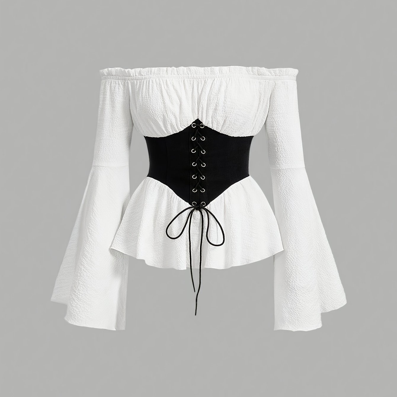 TEMU Elegancka Bluzka w Stylu Wiktoriaﾅгkim dla Kobiet z Odkrytymi Ramionami/Dekoltem ﾅ｛dziowym, Falbankﾄ� na Rﾄ冖awach i Wiﾄ�zaniem pod - Strapcujﾄ�ca