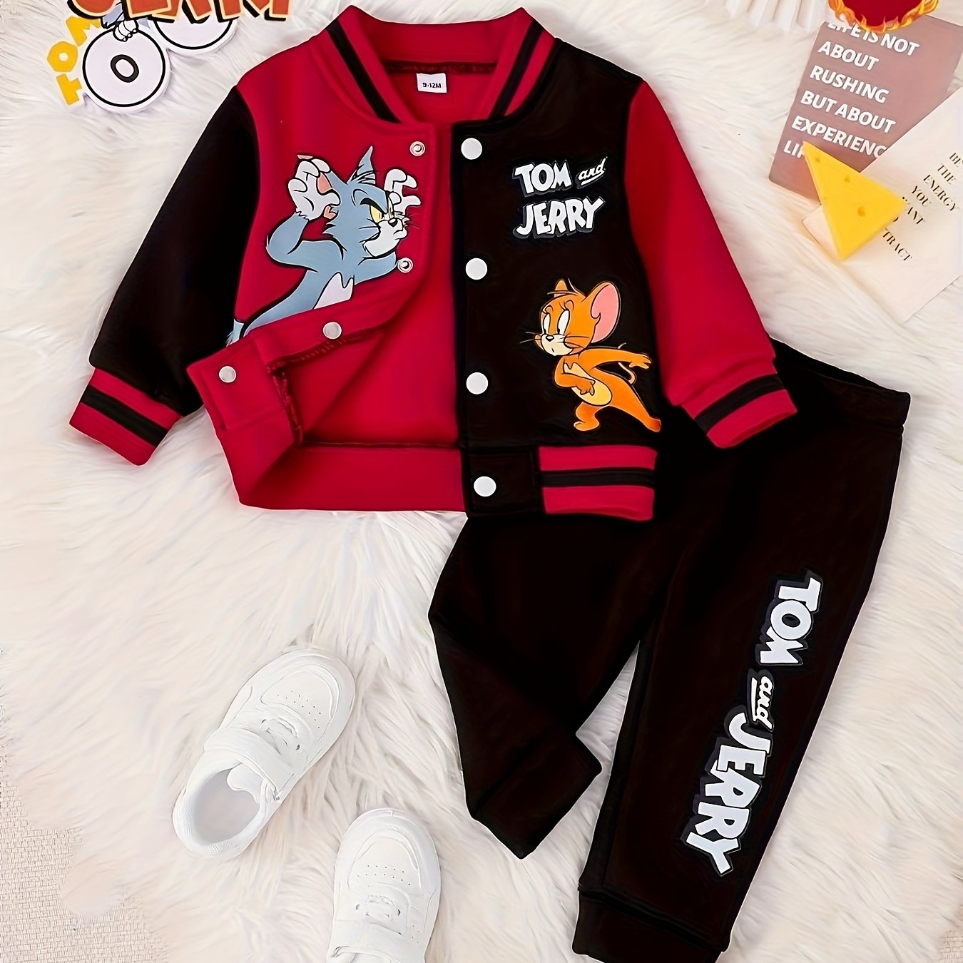 TEMU Series ChﾅＰpiﾄ冂a Jesieﾅ� i Tom & Nadruk Literowy Modna Czarno-Czerwona Kombinacja Baseballowa Kurtka z Motocyklowym Stylizowanym Grubszﾄ� Polarow