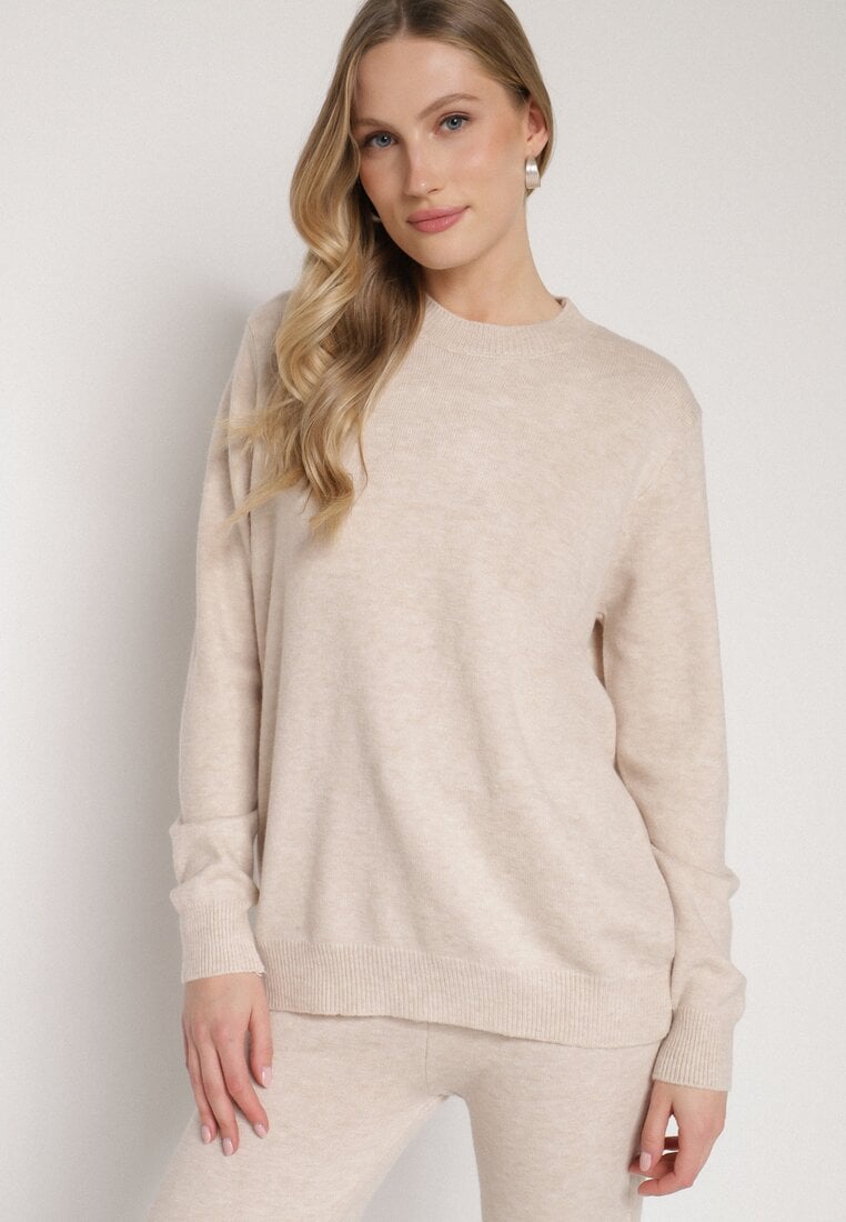Beżowy Casualowy Sweter z Wełną i Bawełną Nedalla