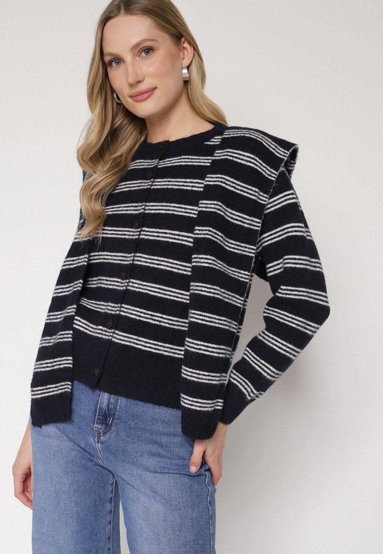 Granatowy Kardigan w Paski z Domieszką Wełny z Dodatkową Narzutką Fedina