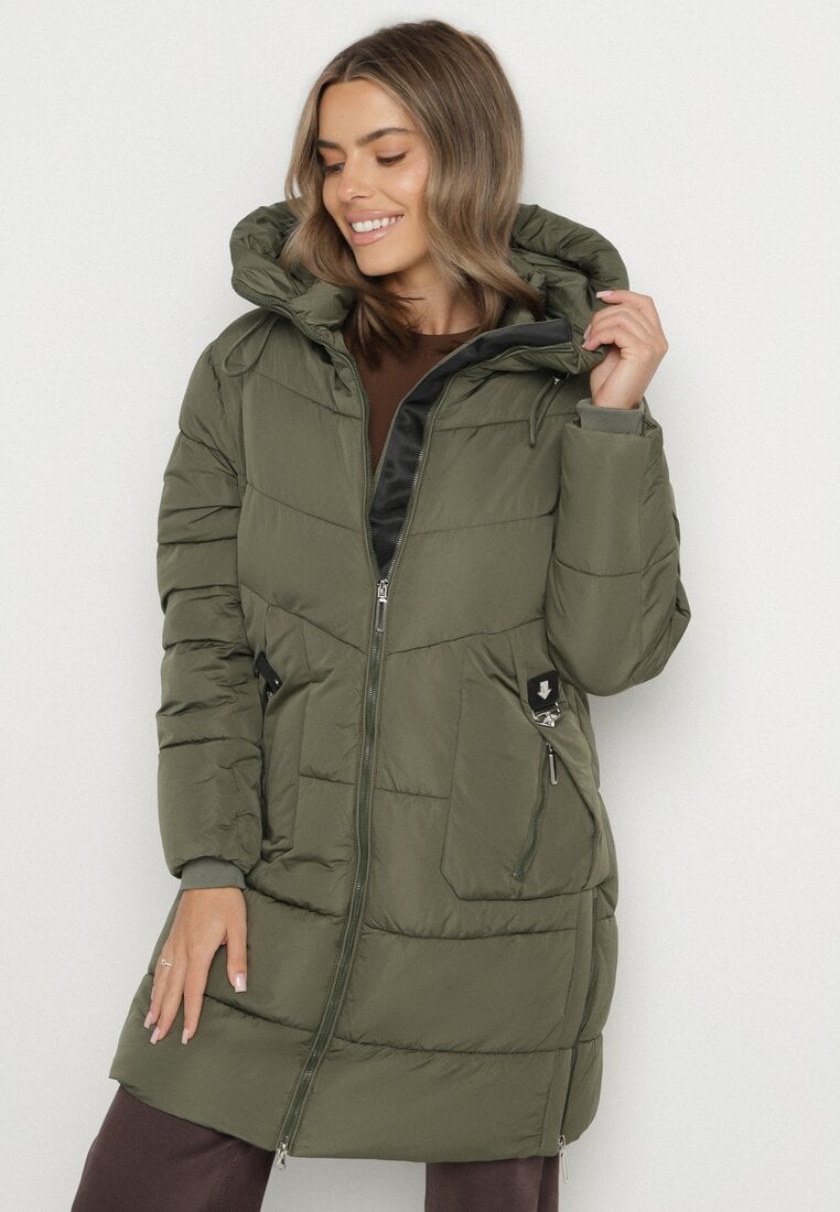 Ciemnozielona Kurtka Pikowana z Kapturem i Suwakami po Bokach Lindrie
