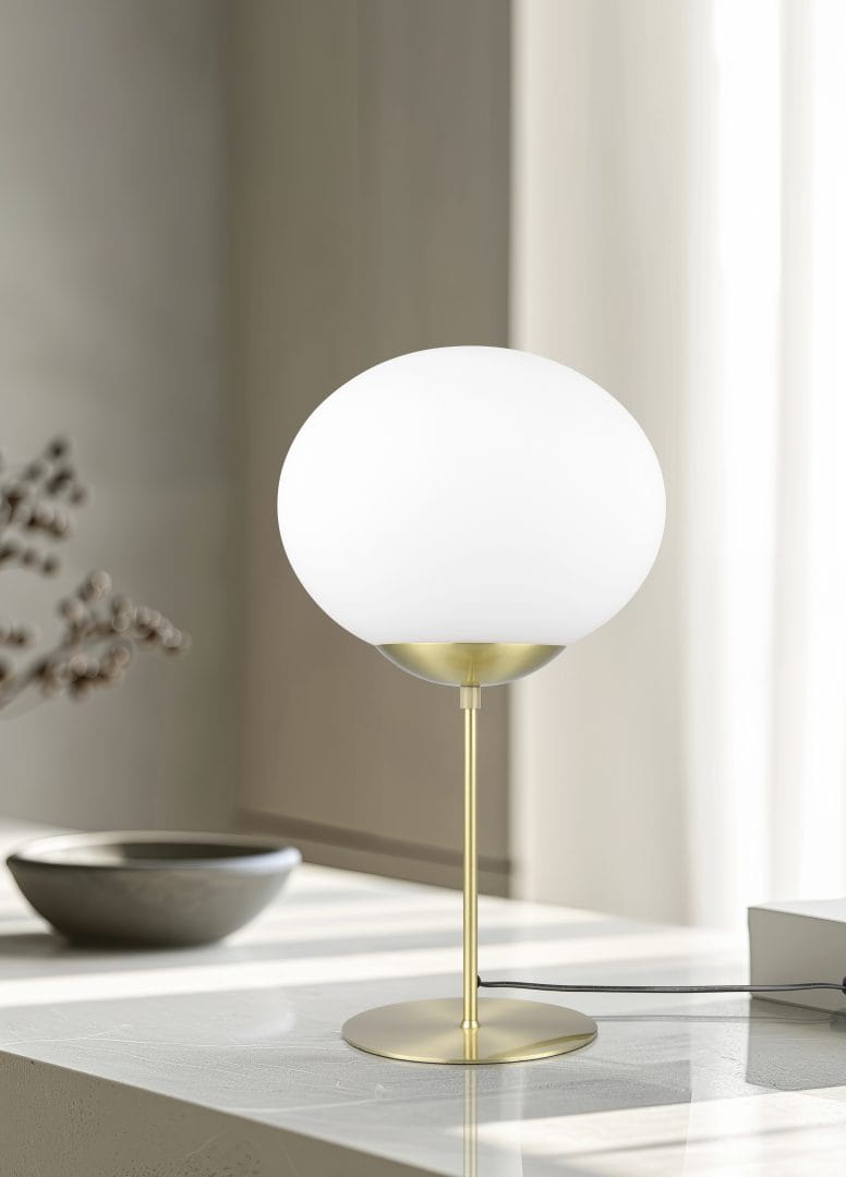 Trio Fomento 563100108 lampa stołowa mosiądz mat klosz spłaszczona kula fi 30cm 1xE27